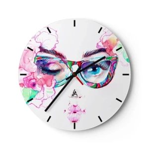 Orologio da parete - Orologio in Vetro - Ritratto ad acquerello con occhiali colorati e fiori - 30x30cm - Promessa allettante - Decorazione murale moderna per soggiorno, cucina e camera da letto ARTTOR