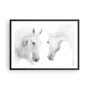 Poster in cornice nera - Un ritratto minimalista di due cavalli bianchi - 70x50cm - È amicizia? - Decorazione murale moderna per soggiorno e camera da letto ARTTOR