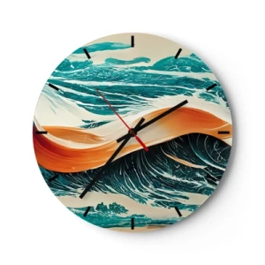 Orologio da parete - Orologio in Vetro - Onde del mare con un nastro arancione in una composizione dinamica - 30x30cm - Il sogno del surfista - Decorazione murale moderna per soggiorno, cucina e camera da letto ARTTOR