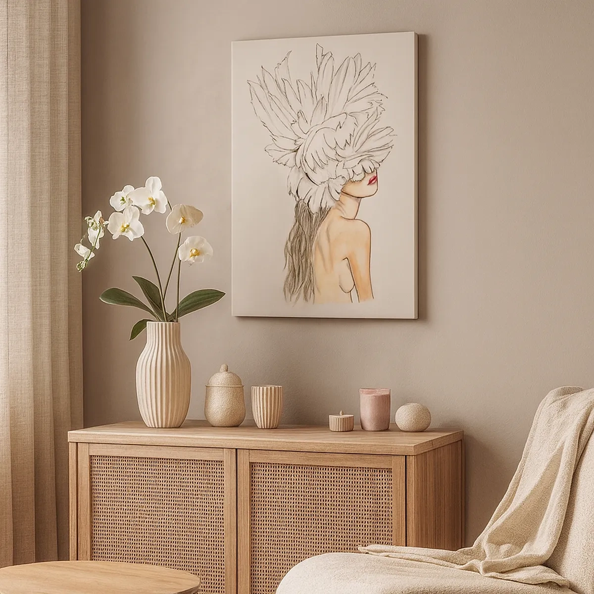 Quadro su tela - Stampe su Tela - Ritratto di donna con decorazione di piume in stile artistico - 50x70cm - Bellezza coronata - Decorazione murale moderna per soggiorno e camera da letto ARTTOR