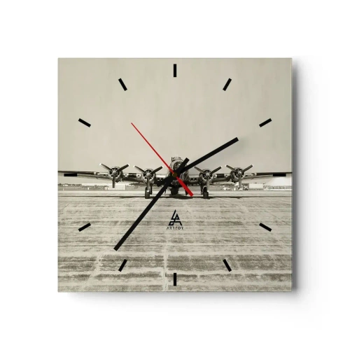 Orologio da parete - Orologio in Vetro - Aereo storico all'aeroporto in seppia - 30x30cm - Pronto come sempre - Decorazione murale moderna per soggiorno e camera da letto ARTTOR