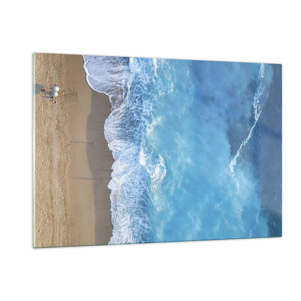 Quadro su vetro - Vista aerea della spiaggia e delle onde che si infrangono - 120x80cm - La forza del blu - Decorazione murale moderna per soggiorno e camera da letto ARTTOR