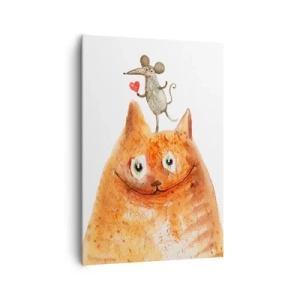 Quadro su tela - Stampe su Tela - Un disegno di un gatto con un topo sulla testa che tiene un cuore - 70x100cm - I paradossi dell'amore - Decorazione murale moderna per soggiorno e camera da letto ARTTOR
