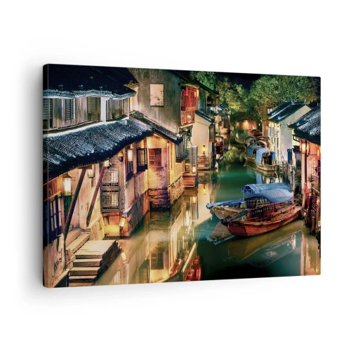 Quadro su tela - Stampe su Tela - Vista notturna dei canali con barche e case tradizionali - 70x50cm - Sera in una via cinese - Decorazione murale moderna per soggiorno e camera da letto ARTTOR