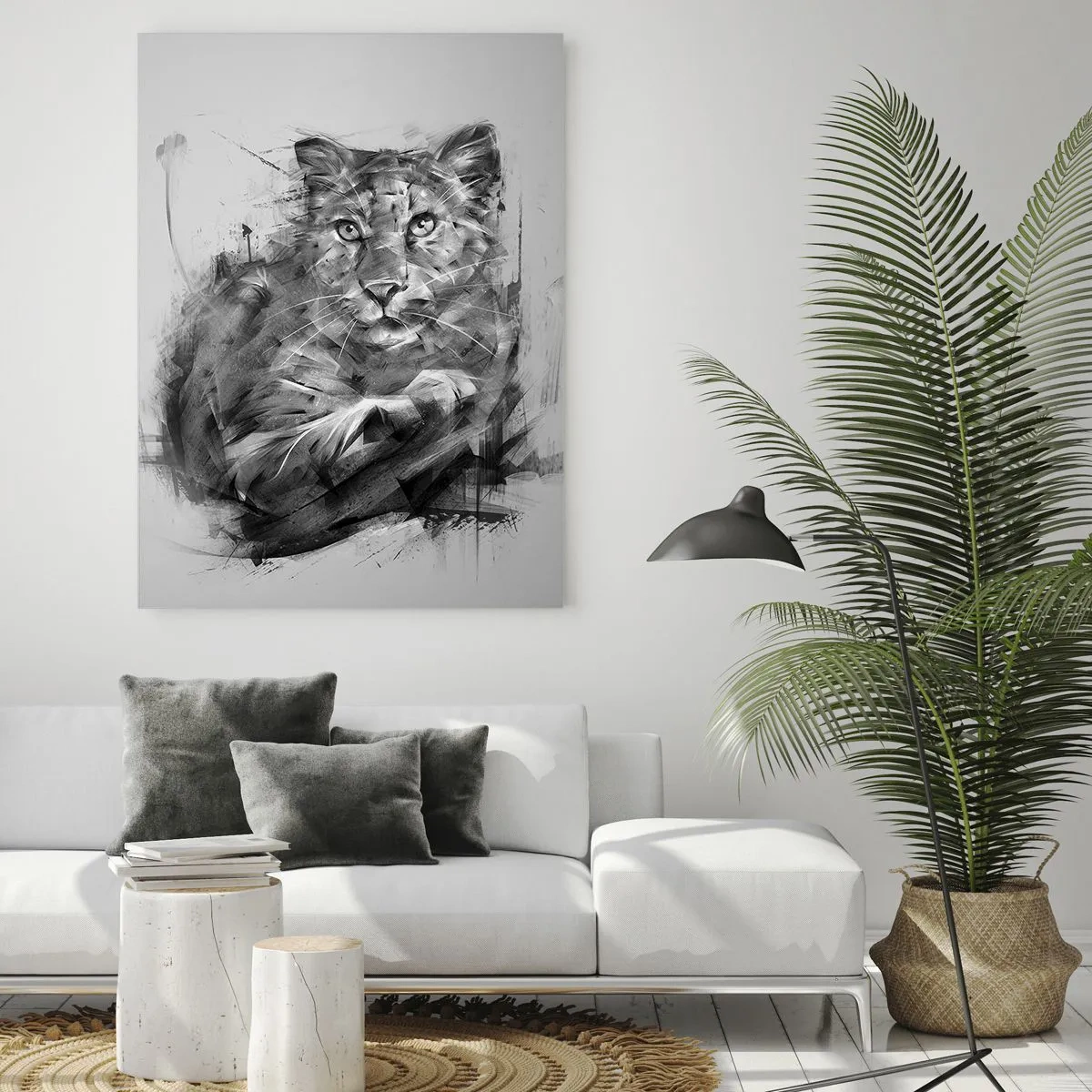 Quadro su vetro - Un disegno di una tigre in stile monocromatico su uno sfondo chiaro - 50x70cm - Si, ascolto attentamente - Decorazione murale moderna per soggiorno e camera da letto ARTTOR