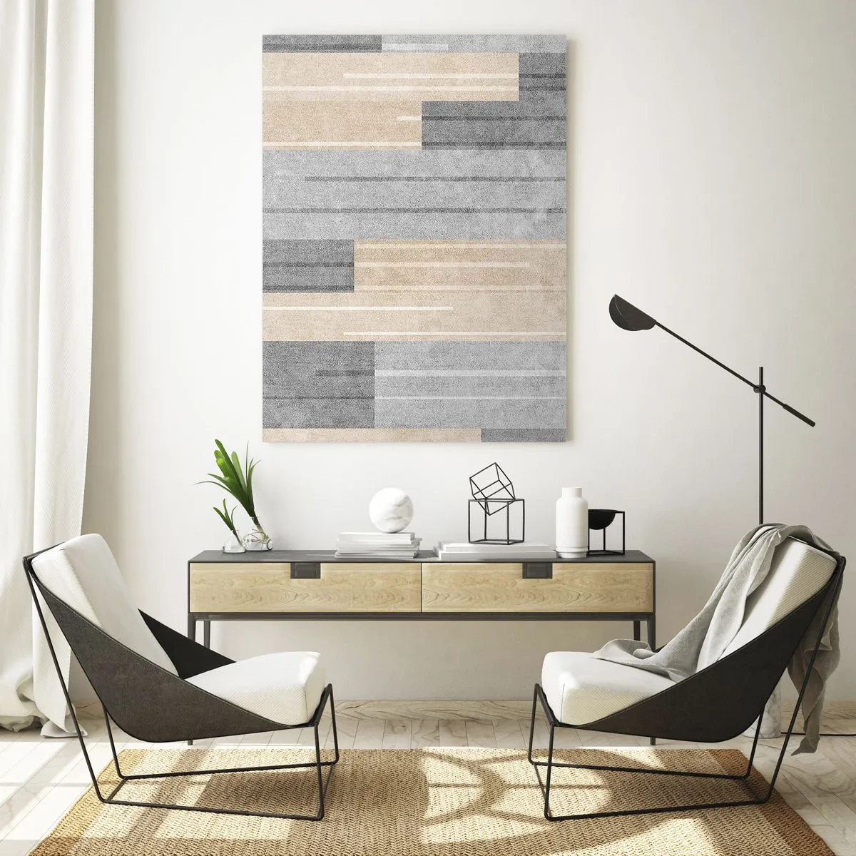 Quadro su vetro - Composizione geometrica nei toni del grigio e del beige - 80x120cm - Composizione: rigare dritto - Decorazione murale moderna per soggiorno e camera da letto ARTTOR