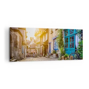 Quadro su tela - Stampe su Tela - Una strada affascinante con pavimentazione in pietra esposta alla luce del sole - 120x50cm - Lo spirito bianco della cittadina - Decorazione murale moderna per soggiorno e camera da letto ARTTOR