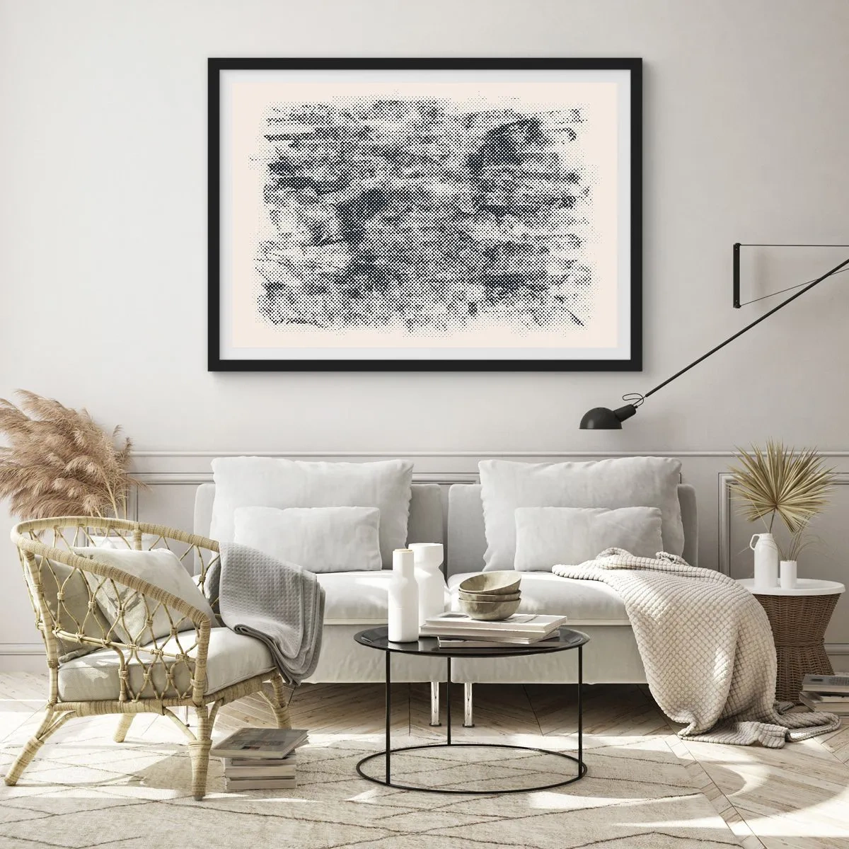 Poster in cornice nera - Composizione astratta nebbiosa in tonalità di grigio - 70x50cm - Composizione nebbiosa - Decorazione murale moderna per soggiorno e camera da letto ARTTOR