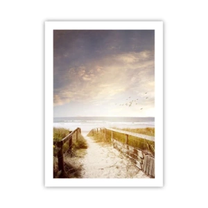 Poster - Sentiero per la spiaggia al tramonto con uccelli che volano - 50x70cm - Spazio di pace - Decorazione murale moderna per soggiorno e camera da letto ARTTOR