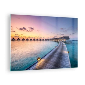 Quadro su vetro - Molo in legno che conduce a lussuosi cottage sul lungomare al tramonto - 70x50cm - Vacanze: ritorno alle fonti - Decorazione murale moderna per soggiorno e camera da letto ARTTOR