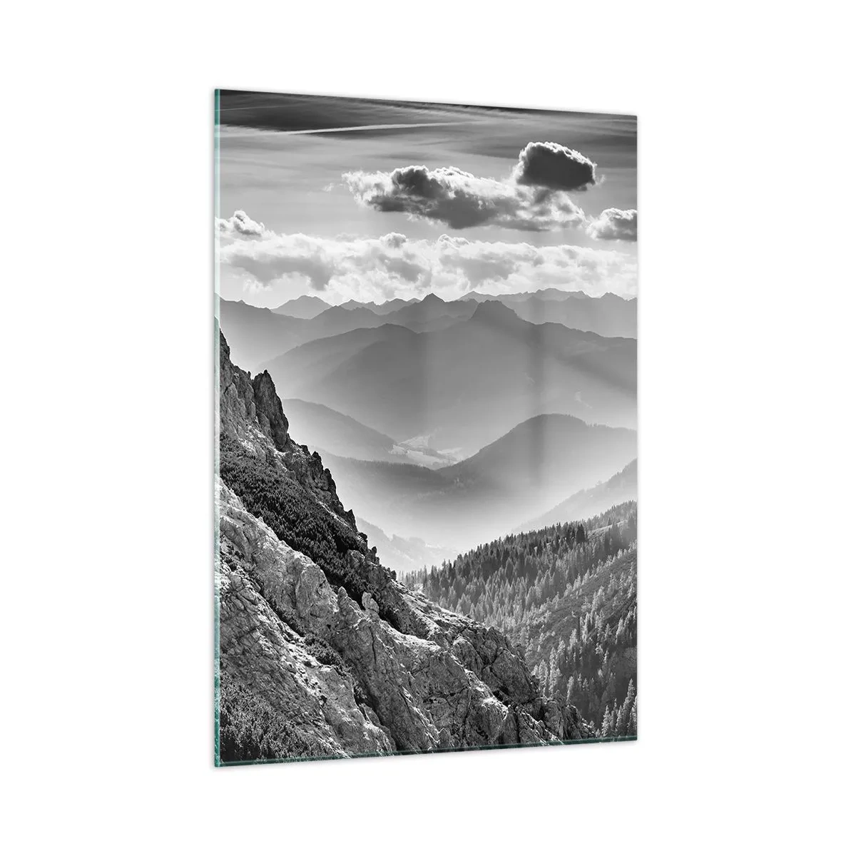Quadro su vetro - Panorama montano in bianco e nero con vista sulla valle - 50x70cm - Fino all'orizzonte - Decorazione murale moderna per soggiorno e camera da letto ARTTOR