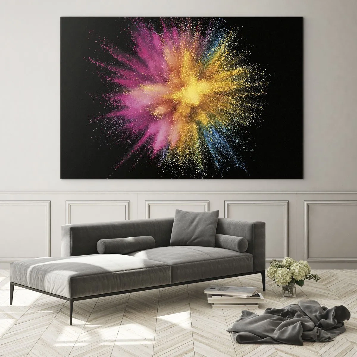 Quadro su vetro - Esplosione di polvere colorata su sfondo nero - 70x50cm - La nascita dei colori - Decorazione murale moderna per soggiorno e camera da letto ARTTOR