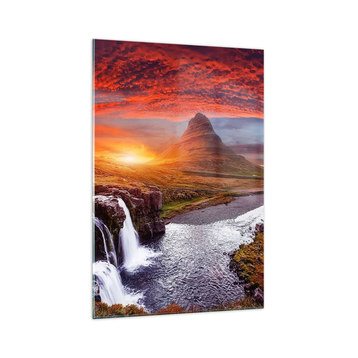 Quadro su vetro - Paesaggio montano con cascata al tramonto - 70x100cm - Paesaggio della Terra di Mezzo - Decorazione murale moderna per soggiorno e camera da letto ARTTOR