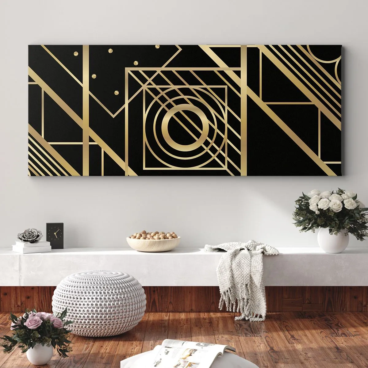 Quadro su tela - Stampe su Tela - Motivi geometrici dorati su sfondo nero - 120x50cm - Geometria dorata - Decorazione murale moderna per soggiorno e camera da letto ARTTOR