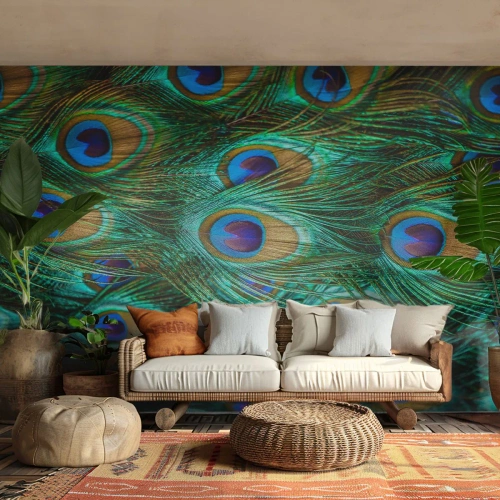 Fotomurali Premium Canvas - Lo sguardo del pavone - Astrazione, Piume di pavone, Piuma d'uccello - 250x175 cm