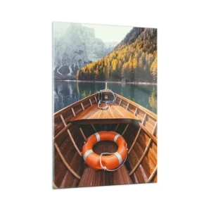 Quadro su vetro - Vista da una barca di legno di un lago di montagna e di una foresta autunnale - 50x70cm - Gita sui monti - Decorazione murale moderna per soggiorno e camera da letto ARTTOR