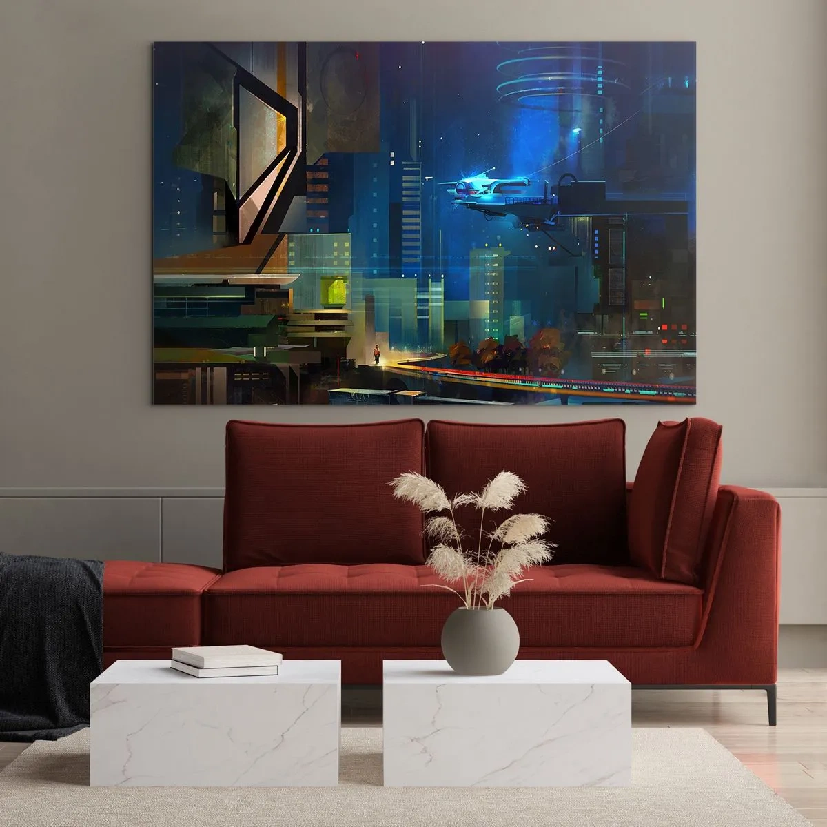 Quadro su vetro - Città futuristica di notte con luci al neon e un veicolo volante - 70x50cm - In un futuro non lontano - Decorazione murale moderna per soggiorno e camera da letto ARTTOR