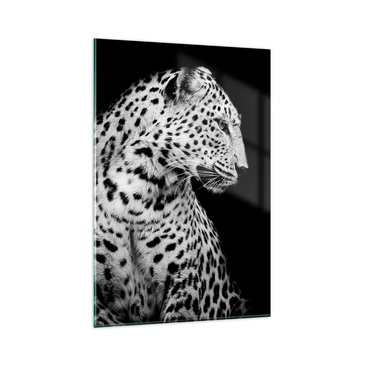 Quadro su vetro - Immagine in bianco e nero di un leopardo su sfondo nero - 80x120cm - Profilo destro perfetto! - Decorazione murale moderna per soggiorno e camera da letto ARTTOR