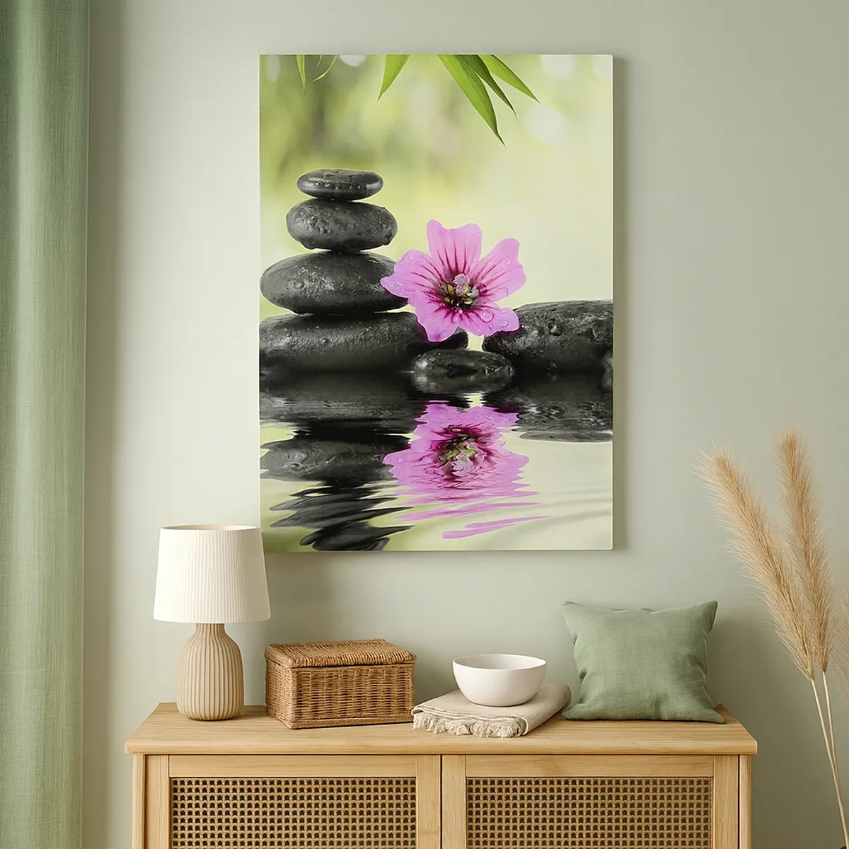 Quadro su tela - Stampe su Tela - Pietre zen e un fiore rosa riflessi nell'acqua - 50x70cm - Tempo per l'anima - Decorazione murale moderna per soggiorno e camera da letto ARTTOR