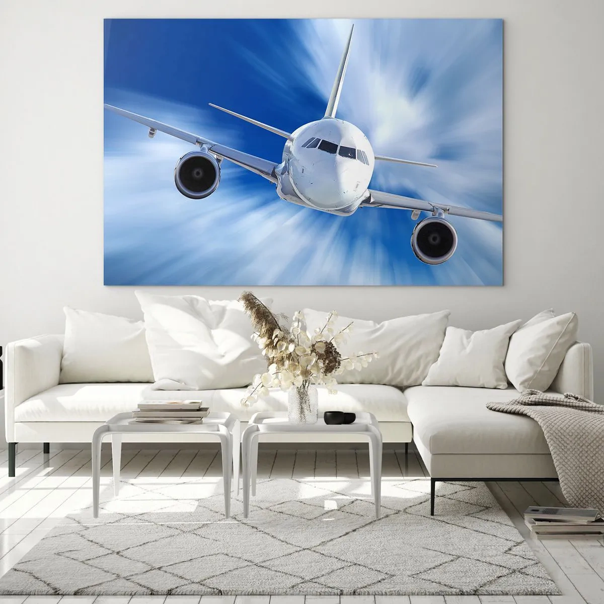 Quadro su vetro - Un aereo passeggeri contro un cielo blu dinamico - 70x50cm - Nel cielo, più veloce del vento - Decorazione murale moderna per soggiorno e camera da letto ARTTOR