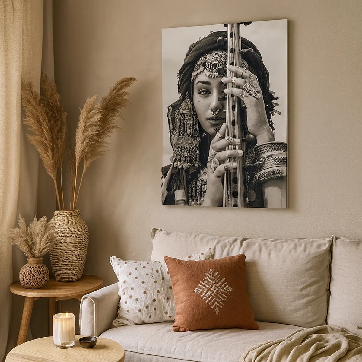 Quadro su tela - Stampe su Tela - Ritratto di una donna con gioielli etnici che tiene uno strumento in mano - 50x70cm - La musica dell'oriente - Decorazione murale moderna per soggiorno e camera da letto ARTTOR