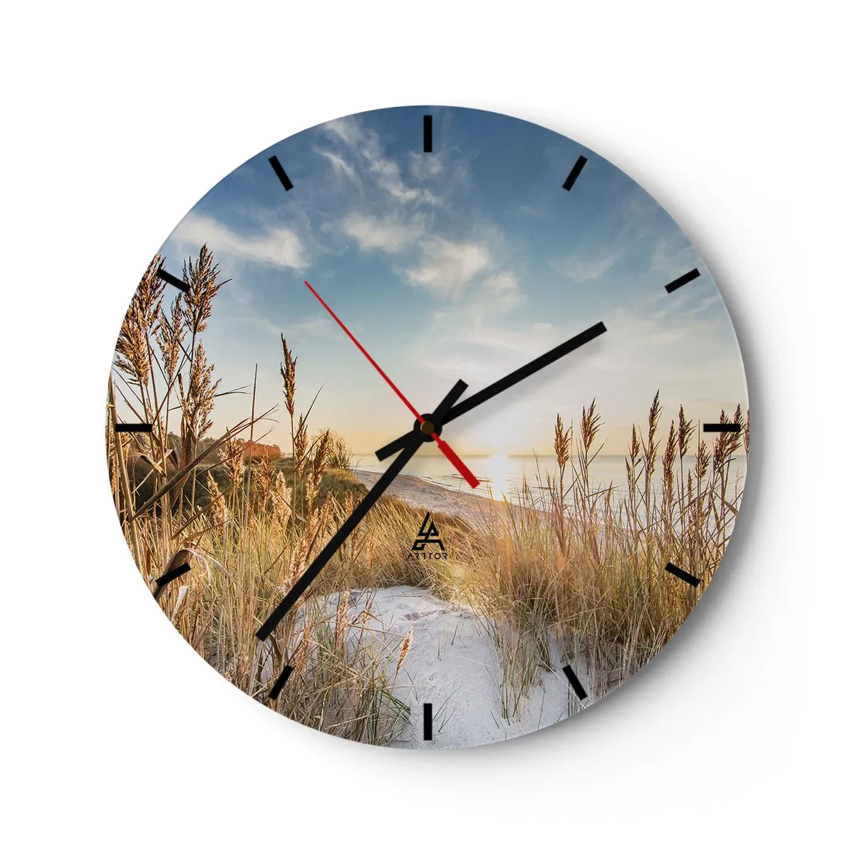 Orologio da parete - Orologio in Vetro - Una spiaggia sabbiosa con erba illuminata dai raggi del sole - 30x30cm - Spiaggia del nord - Decorazione murale moderna per soggiorno, cucina e camera da letto ARTTOR