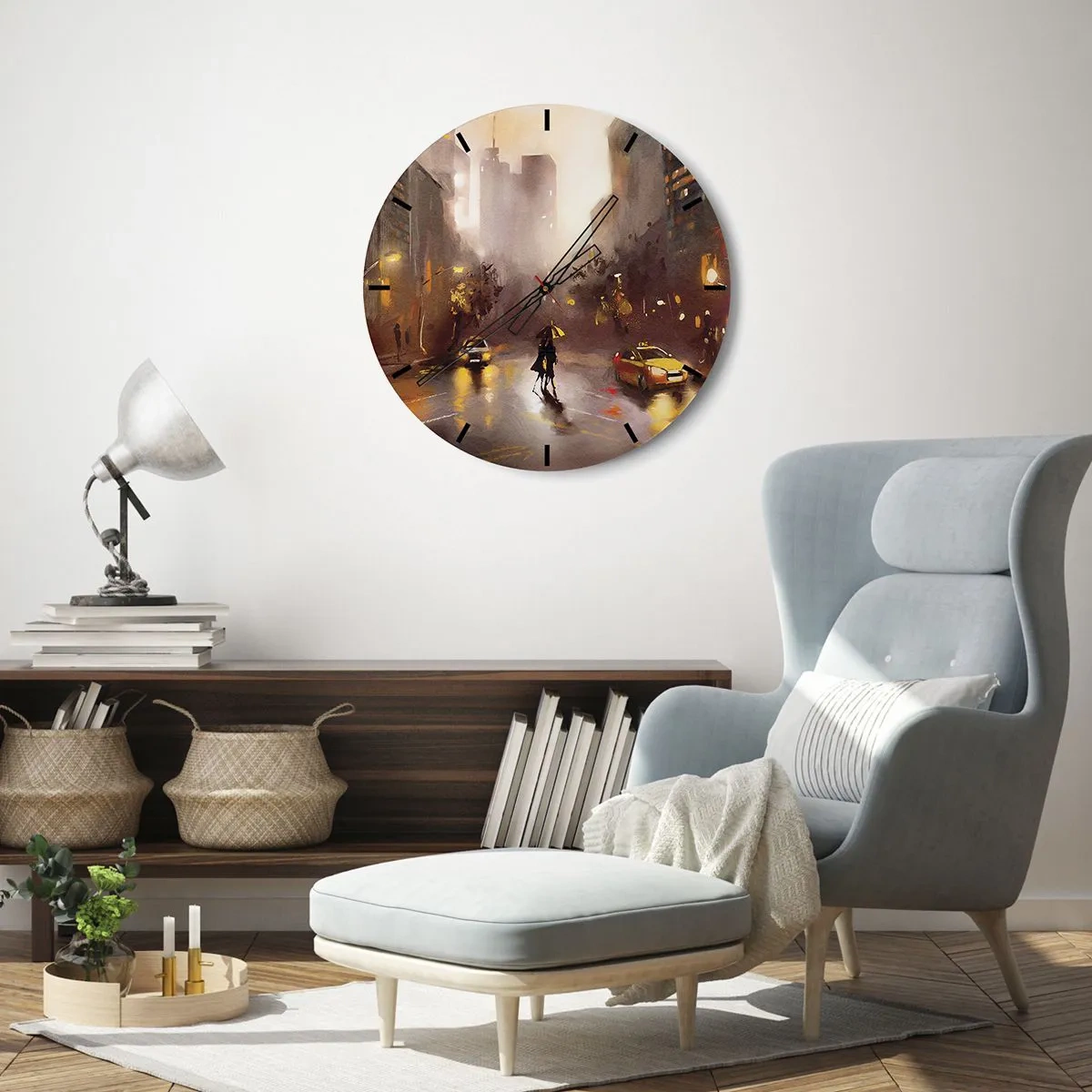 Orologio da parete - Orologio in Vetro - Una strada cittadina in calde tonalità durante la pioggia - 30x30cm - Nelle luci di New York - Decorazione murale moderna per soggiorno, cucina e camera da letto ARTTOR