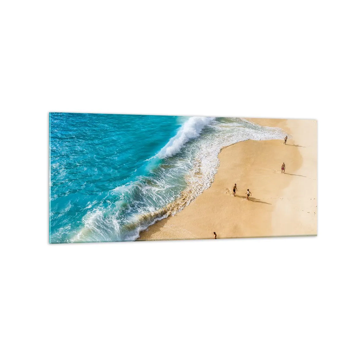 Quadro su vetro - Una spiaggia con acqua turchese e gente che cammina intorno - 120x50cm - E poi il sole, la spiaggia... - Decorazione murale moderna per soggiorno e camera da letto ARTTOR