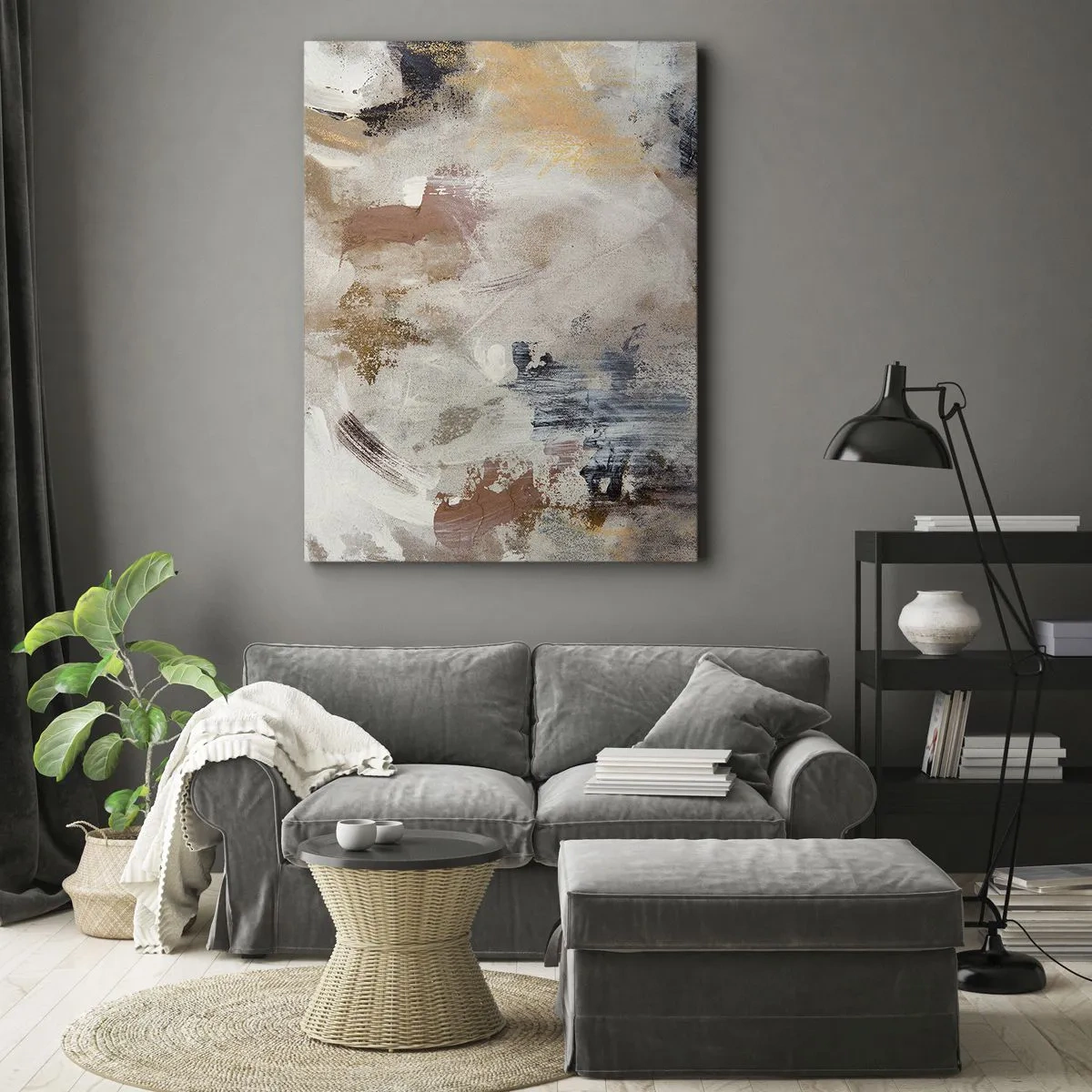 Quadro su tela - Stampe su Tela - Macchie astratte in tonalità tenui di beige e oro - 50x70cm - Astrazione annebbiata - Decorazione murale moderna per soggiorno e camera da letto ARTTOR