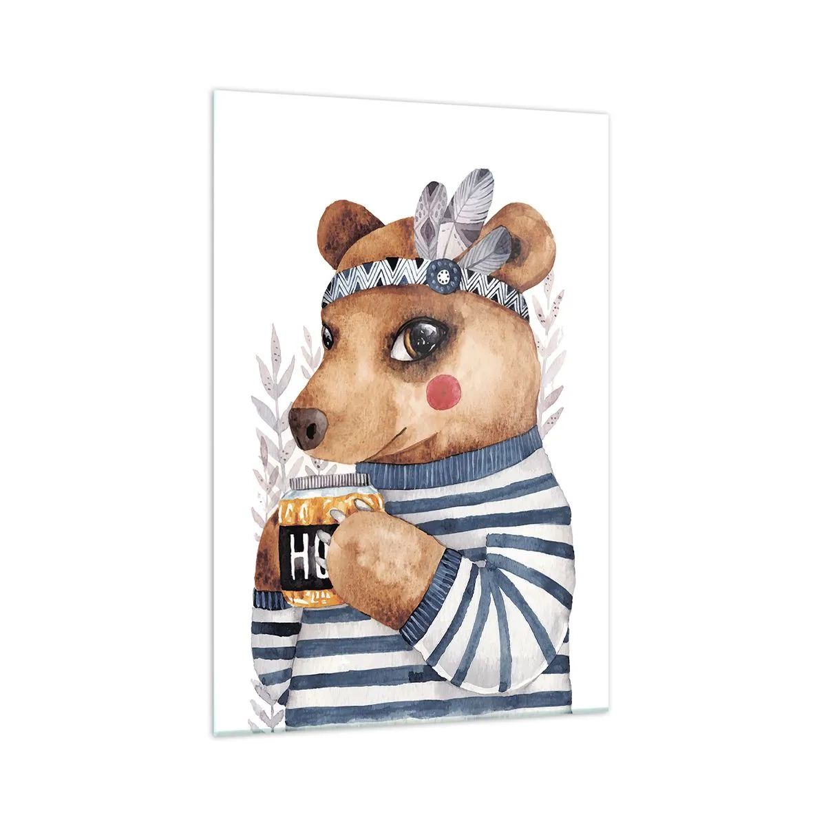 Quadro su vetro - Un orsacchiotto con un maglione a righe con una tazza di miele - 70x100cm - Dolce orsetto - Decorazione murale moderna per soggiorno e camera da letto ARTTOR