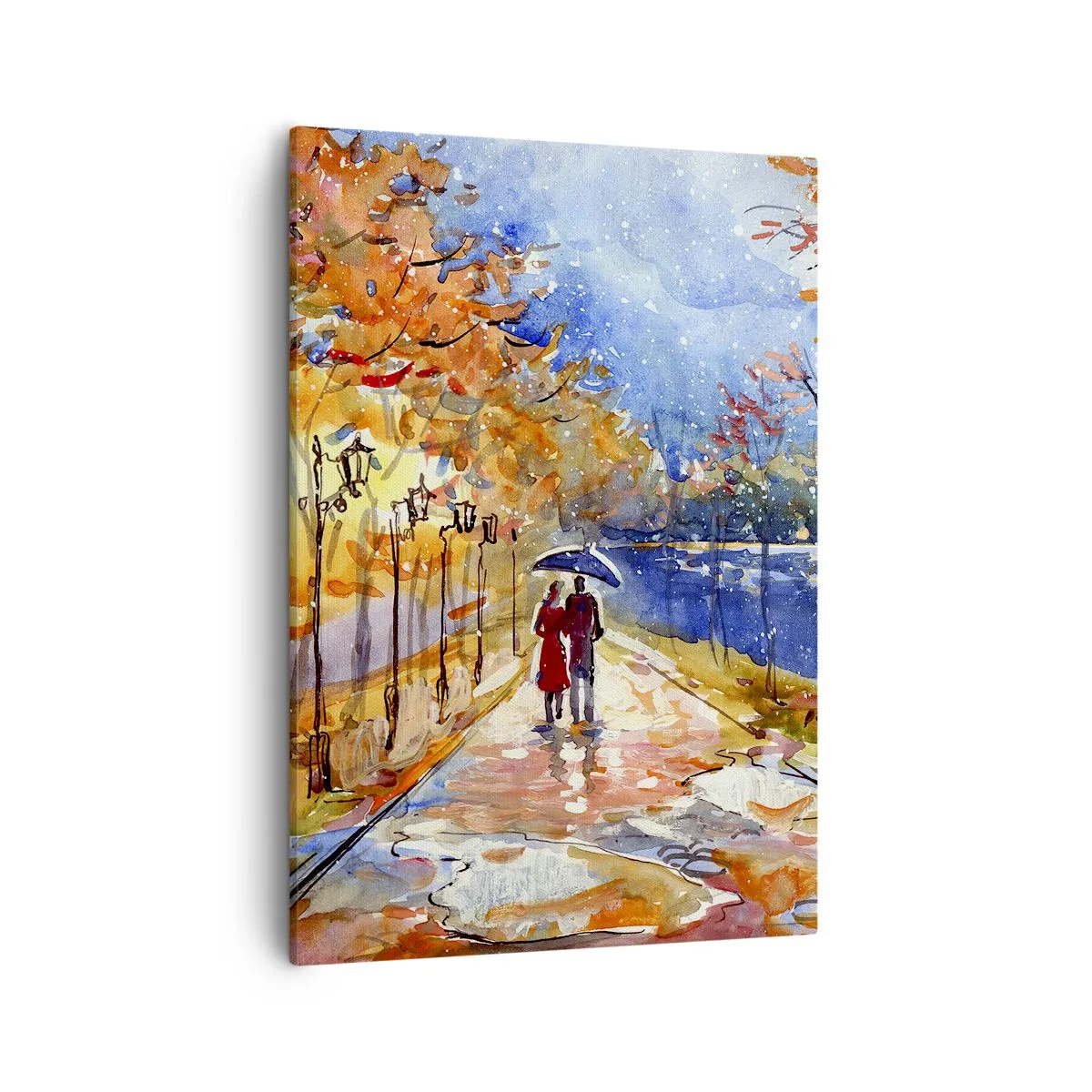 Quadro su tela - Stampe su Tela - Una passeggiata autunnale nel parco sulla riva del fiume sotto l'ombrellone - 50x70cm - Insieme fino ai confini del tempo - Decorazione murale moderna per soggiorno e camera da letto ARTTOR