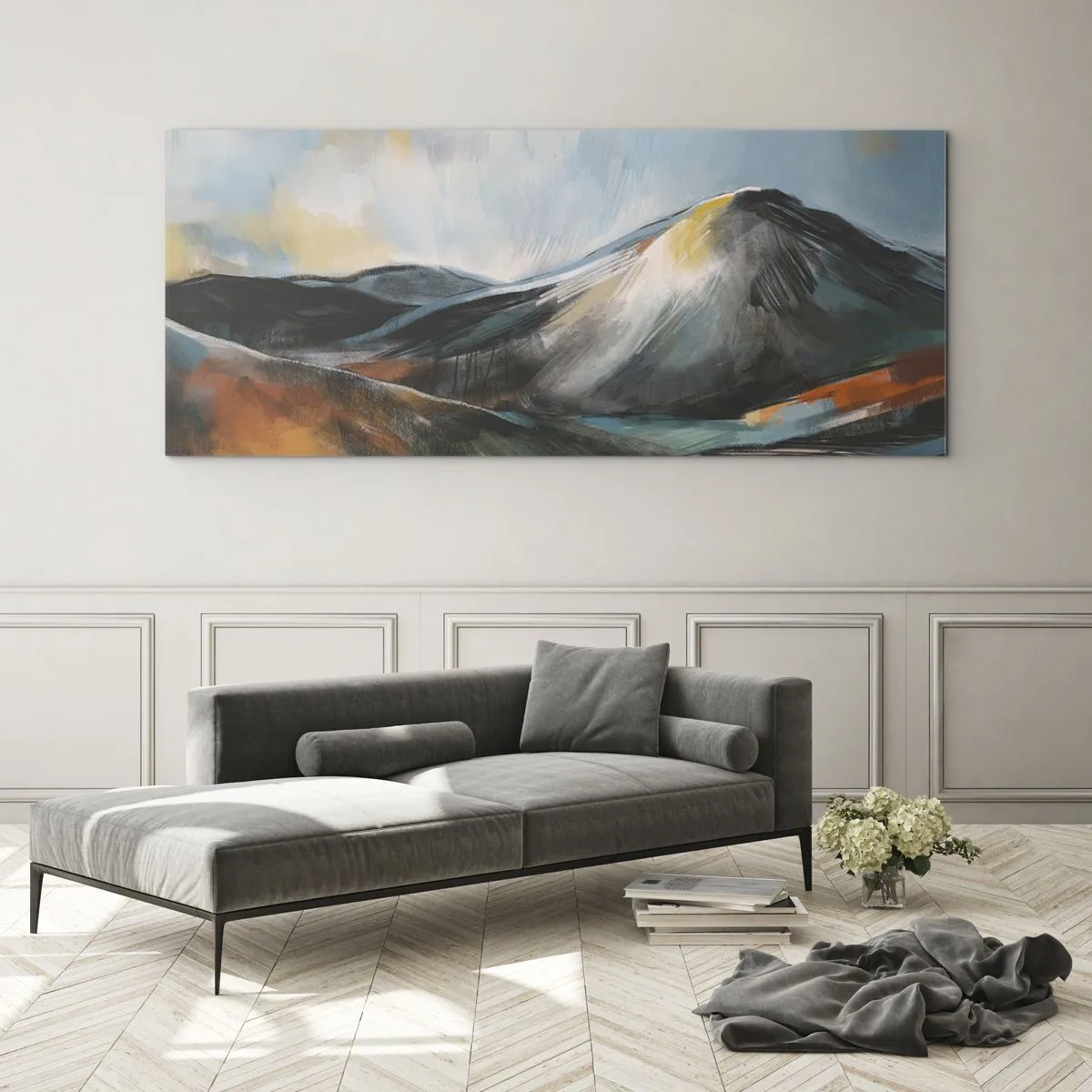 Quadro su vetro - Paesaggio montano astratto in tonalità calde - 140x50cm - Aspri e belli - Decorazione murale moderna per soggiorno e camera da letto ARTTOR