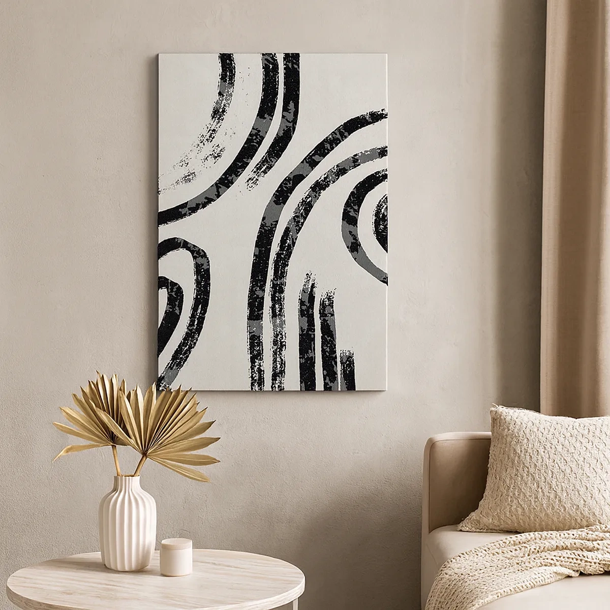 Quadro su tela - Stampe su Tela - Linee astratte in bianco e nero su uno sfondo chiaro - 50x70cm - Interrotto a metà - Decorazione murale moderna per soggiorno e camera da letto ARTTOR