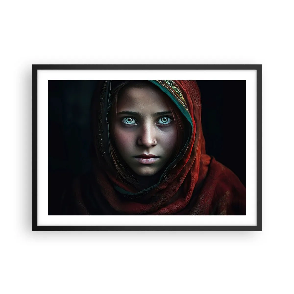 Poster in cornice nera - Ritratto di donna dallo sguardo intenso dai colori caldi - 70x50cm - Principessa d'oriente - Decorazione murale moderna per soggiorno e camera da letto ARTTOR