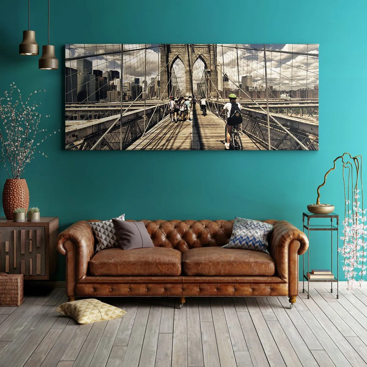 Quadro su tela - Stampe su Tela - Ponte di Brooklyn con vista su pedoni e ciclisti - 140x50cm - Dritto al cuore della città - Decorazione murale moderna per soggiorno e camera da letto ARTTOR