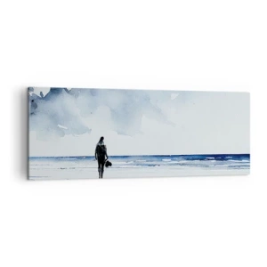 Quadro su tela - Stampe su Tela - Una figura su una spiaggia in un ambiente marino calmo - 140x50cm - Dialogo con il mare - Decorazione murale moderna per soggiorno e camera da letto ARTTOR