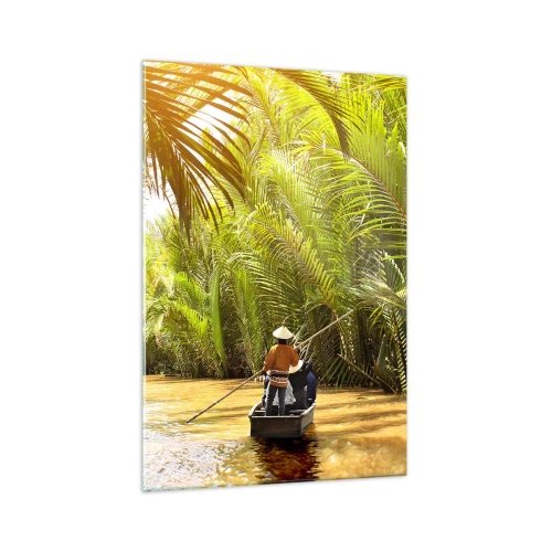 Quadro su vetro - Una barca su un fiume circondata da vegetazione tropicale - 70x100cm - Tunnel di palme - Decorazione murale moderna per soggiorno e camera da letto ARTTOR
