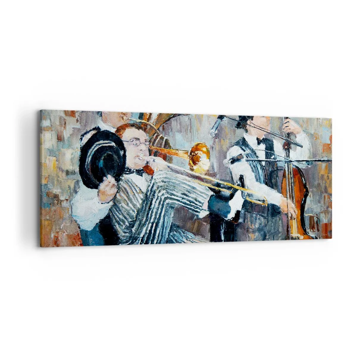 Quadro su tela - Stampe su Tela - Musicisti jazz in stile pittorico durante un concerto - 120x50cm - Tutto il jazz - Decorazione murale moderna per soggiorno e camera da letto ARTTOR
