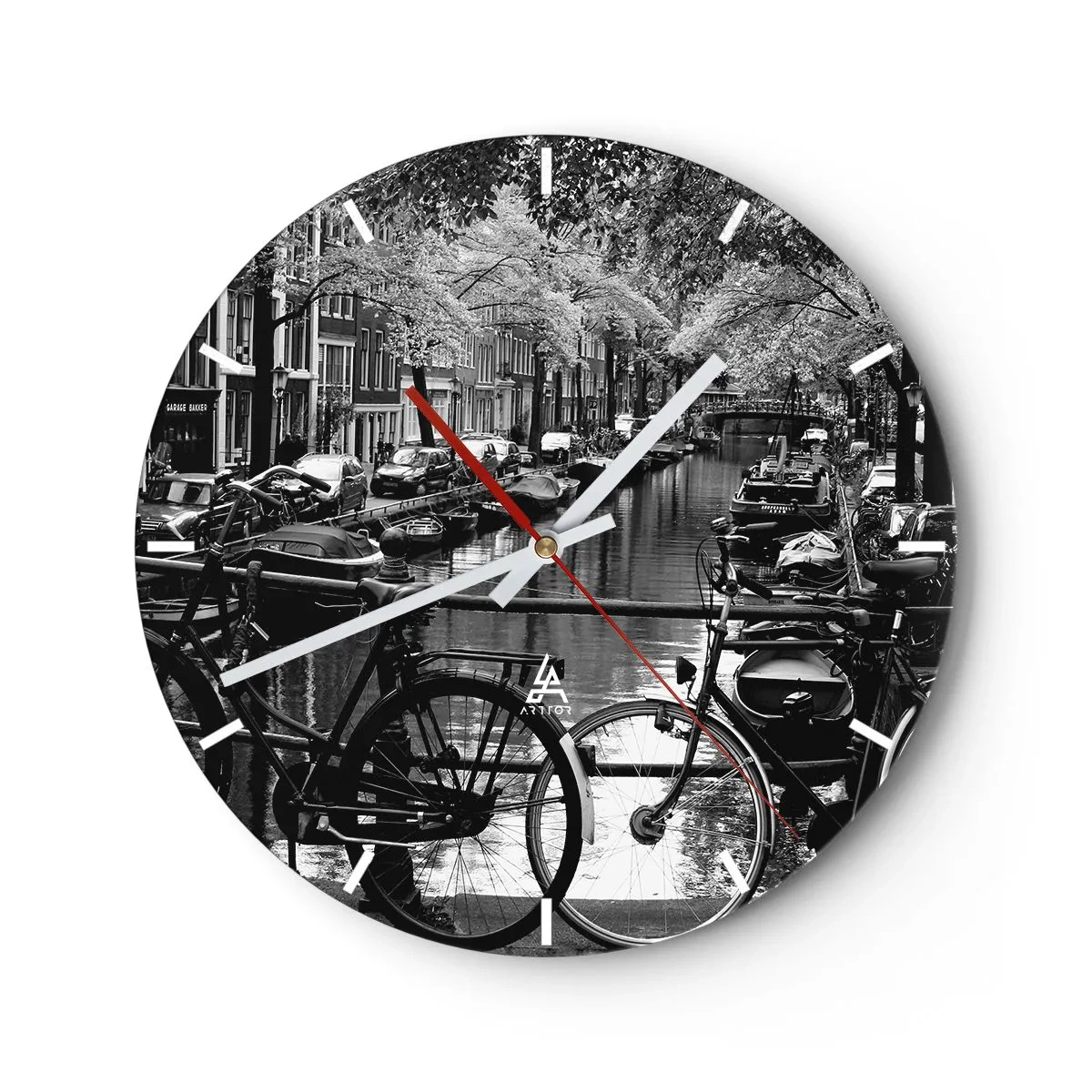 Orologio da parete - Orologio in Vetro - Vista in bianco e nero di un canale con biciclette ad Amsterdam - 30x30cm - Vista molto olandese - Decorazione murale moderna per soggiorno, cucina e camera da letto ARTTOR