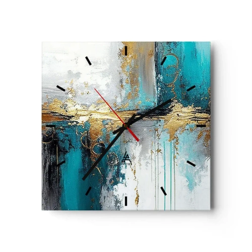 Orologio da parete - Orologio in Vetro - Una composizione astratta con accenti turchesi e dorati. - 30x30cm - Panta rei - Decorazione murale moderna per soggiorno e camera da letto ARTTOR