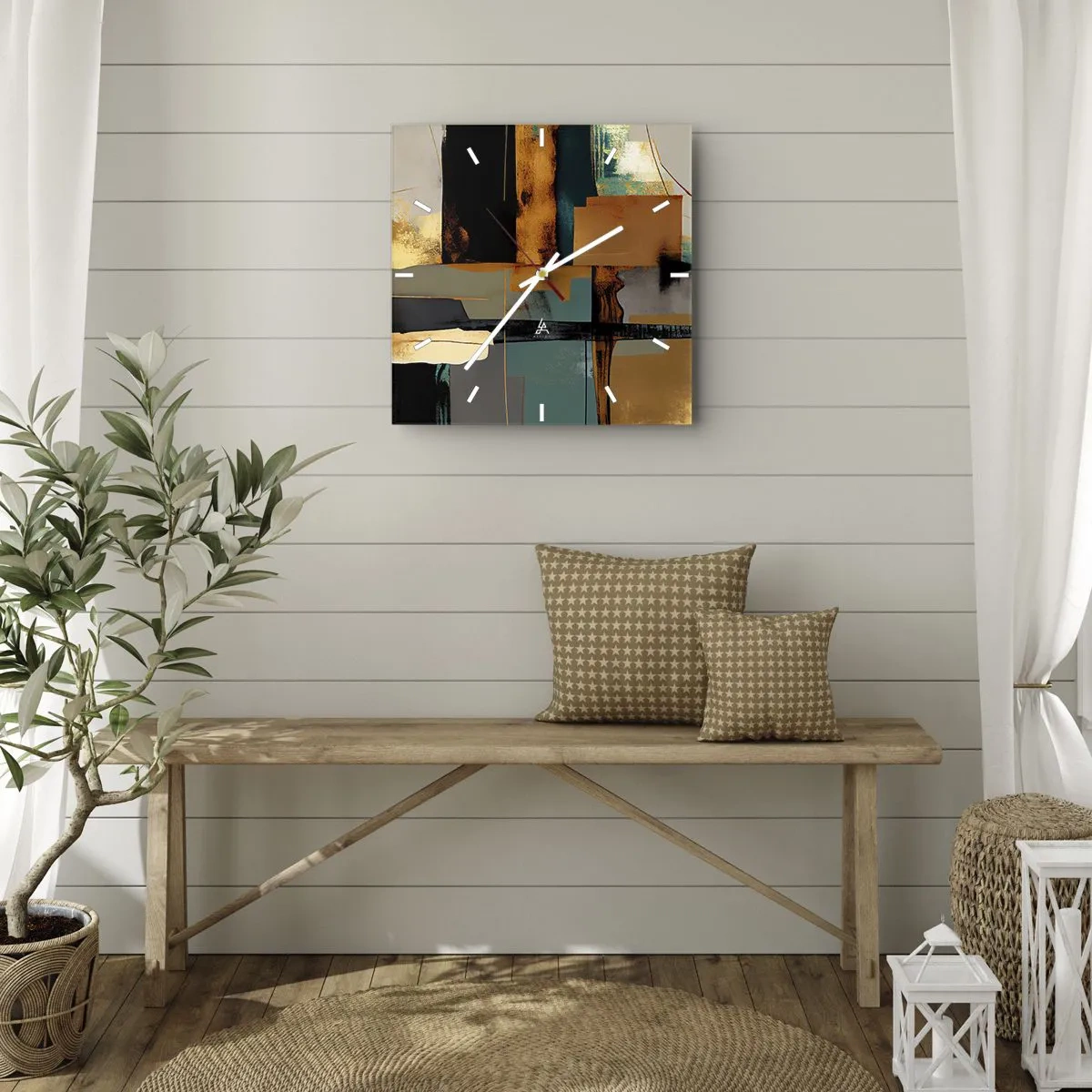 Orologio da parete - Orologio in Vetro - Composizione astratta con elementi in oro e turchese - 30x30cm - Astrazione: luci e ombre - Decorazione murale moderna per soggiorno e camera da letto ARTTOR