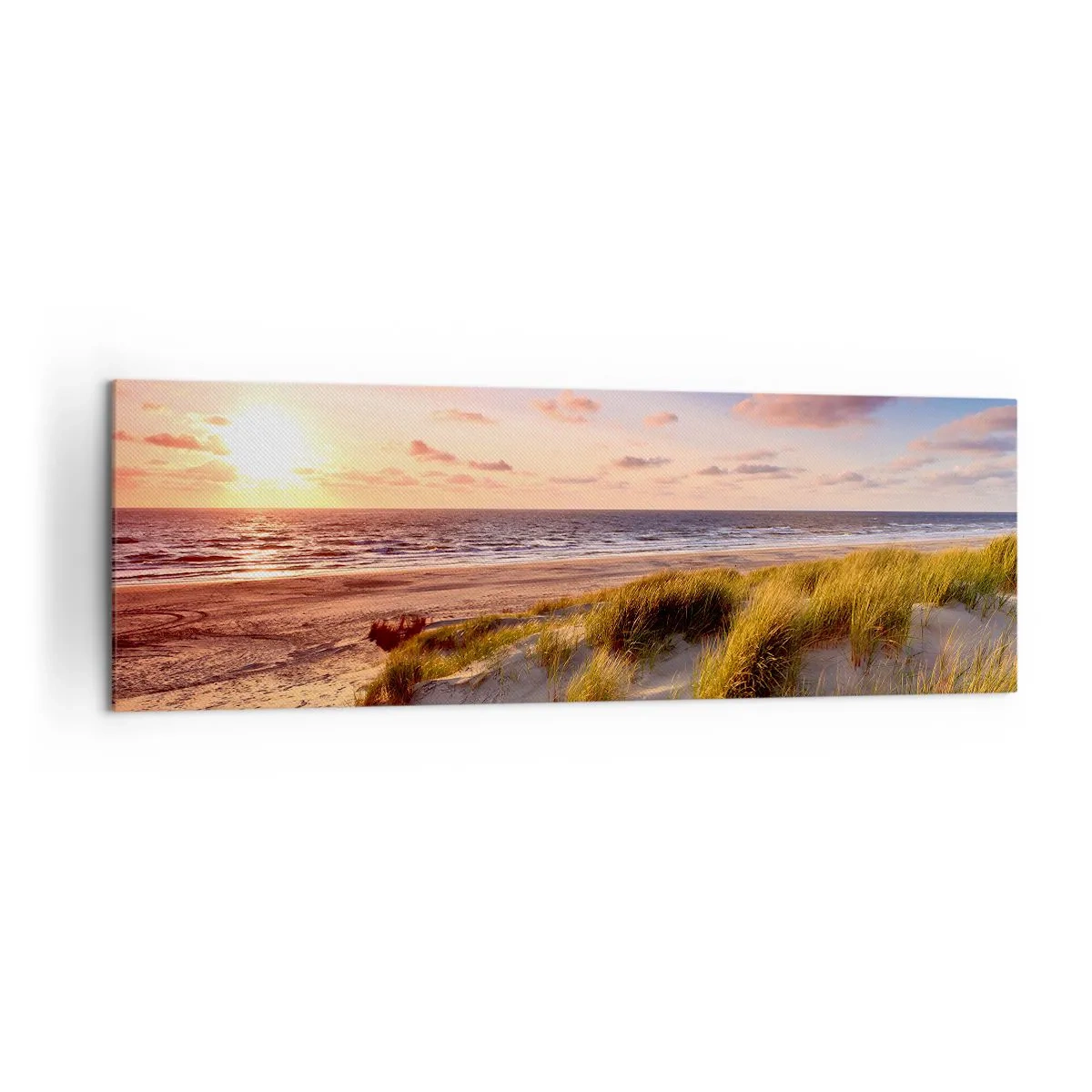 Quadro su tela - Stampe su Tela - Una spiaggia erbosa e un tramonto su un mare calmo - 160x50cm - L'aria già profuma di estate - Decorazione murale moderna per soggiorno e camera da letto ARTTOR