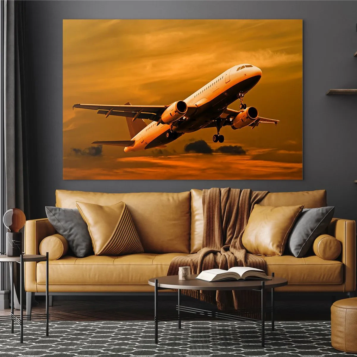 Quadro su vetro - Un aereo che decolla contro un cielo arancione - 120x80cm - In volo verso il sole - Decorazione murale moderna per soggiorno e camera da letto ARTTOR