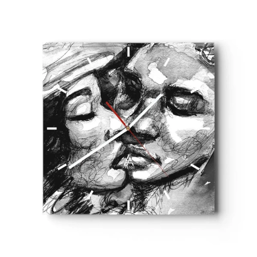 Orologio da parete - Orologio in Vetro - Un acquerello in bianco e nero che raffigura un momento intimo tra due persone. - 30x30cm - Un attimo di tenerezza - Decorazione murale moderna per soggiorno e camera da letto ARTTOR