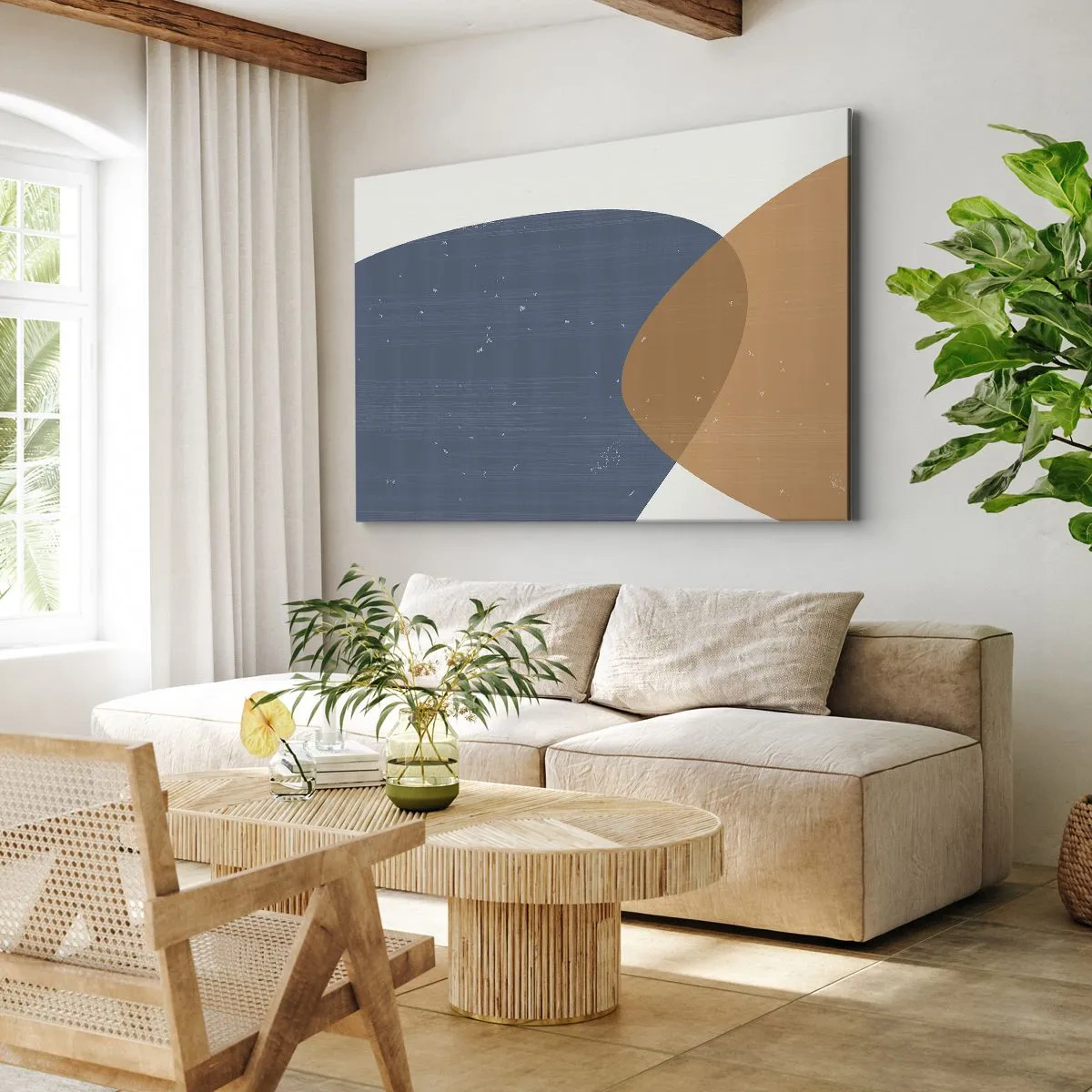 Quadro su tela - Stampe su Tela - Una composizione geometrica minimalista nei toni del blu e dell'arancione. - 70x50cm - Ovali e influenze - Decorazione murale moderna per soggiorno e camera da letto ARTTOR