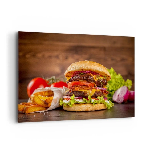 Quadro su tela - Stampe su Tela - Hamburger appetitoso con extra - 100x70cm - Frutto proibito - Decorazione murale moderna per soggiorno e camera da letto ARTTOR