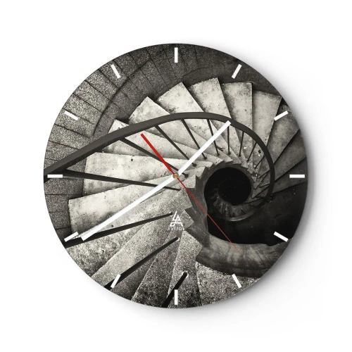 Orologio da parete - Orologio in Vetro - Scala a chiocciola bianca e nera con vista verso il basso e disposizione geometrica dei gradini - 30x30cm - Salire e scendere - Decorazione murale moderna per soggiorno, cucina e camera da letto ARTTOR