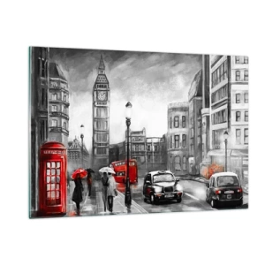 Quadro su vetro - Il Big Ben e le strade di Londra con accenti rossi su sfondo grigio - 120x80cm - Una città per niente grigia - Decorazione murale moderna per soggiorno e camera da letto ARTTOR