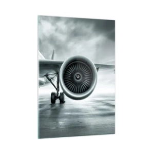Quadro su vetro - La turbina di un aereo passeggeri sulla pista all'alba - 50x70cm - C'è la forza! - Decorazione murale moderna per soggiorno e camera da letto ARTTOR