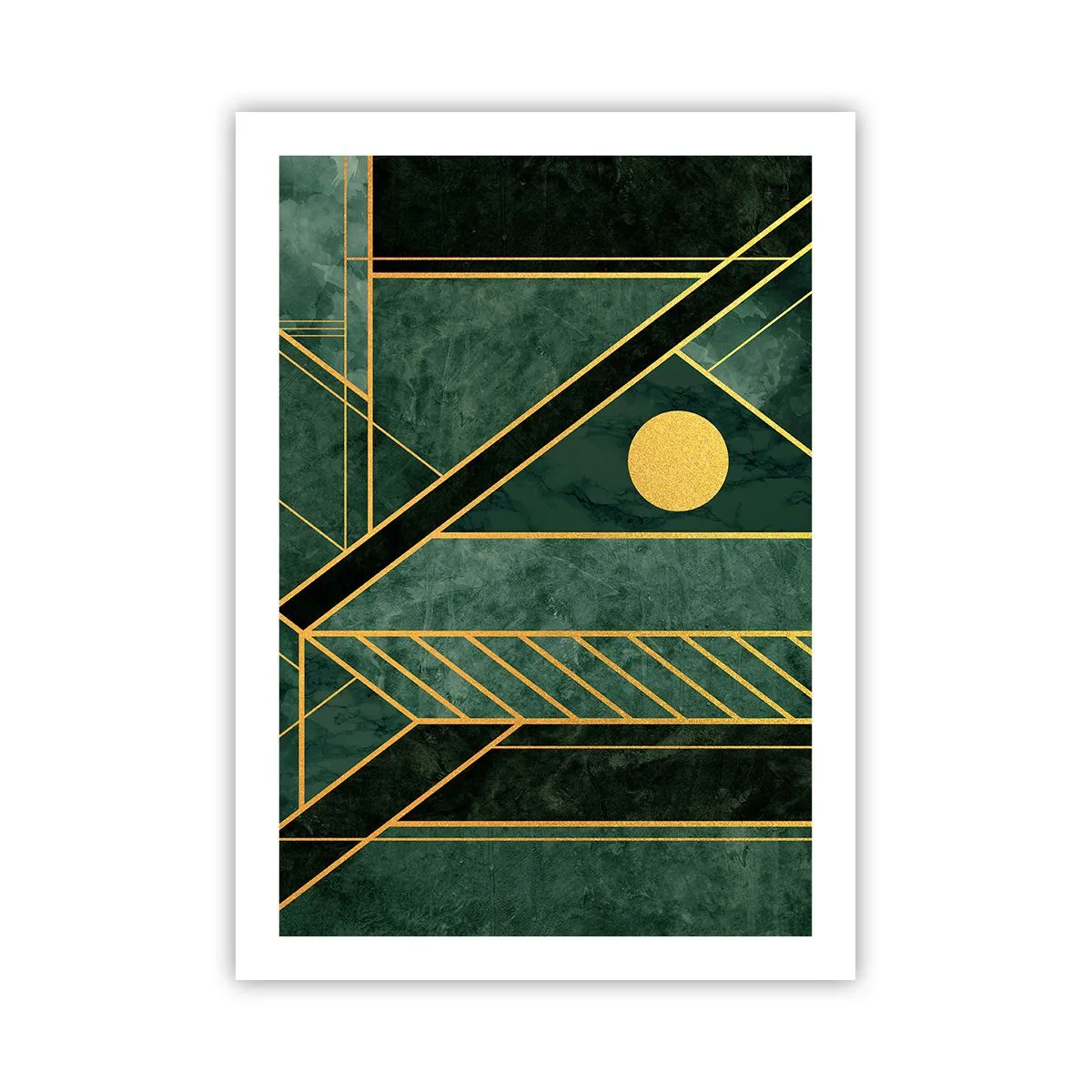 Poster - Astrazione geometrica in verde con accenti dorati - 50x70cm - Dinamica di oro e azzurro - Decorazione murale moderna per soggiorno e camera da letto ARTTOR